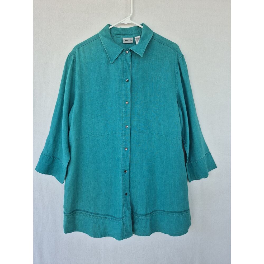 Chico’s 100% Linen Teal Tunic Top Relaxed Fit Button Up 3/4 Sleeve Size 3 (XL)